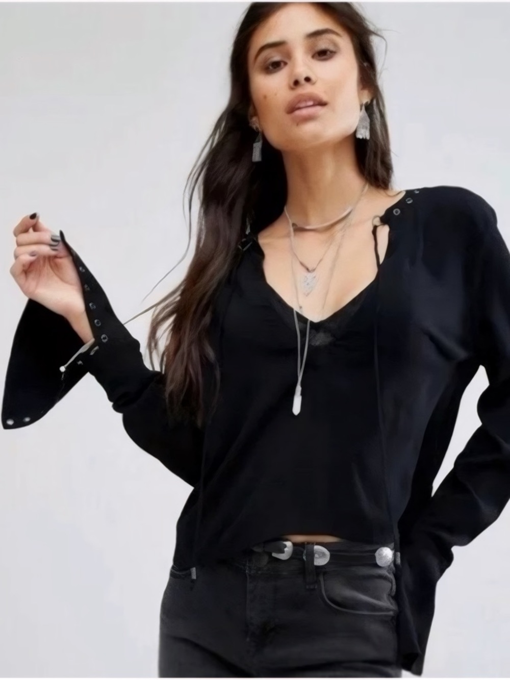 Free People Jump to The Beat Black Blouse Bell Sleeve Boho Grunge Top Lace Up M